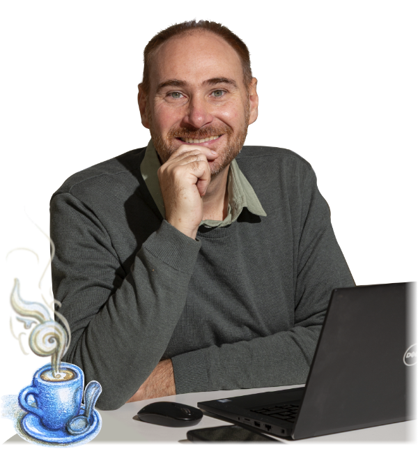 Photo de Adrien Ray Webdesigner, Graphiste avec une tasse de caf dessinée