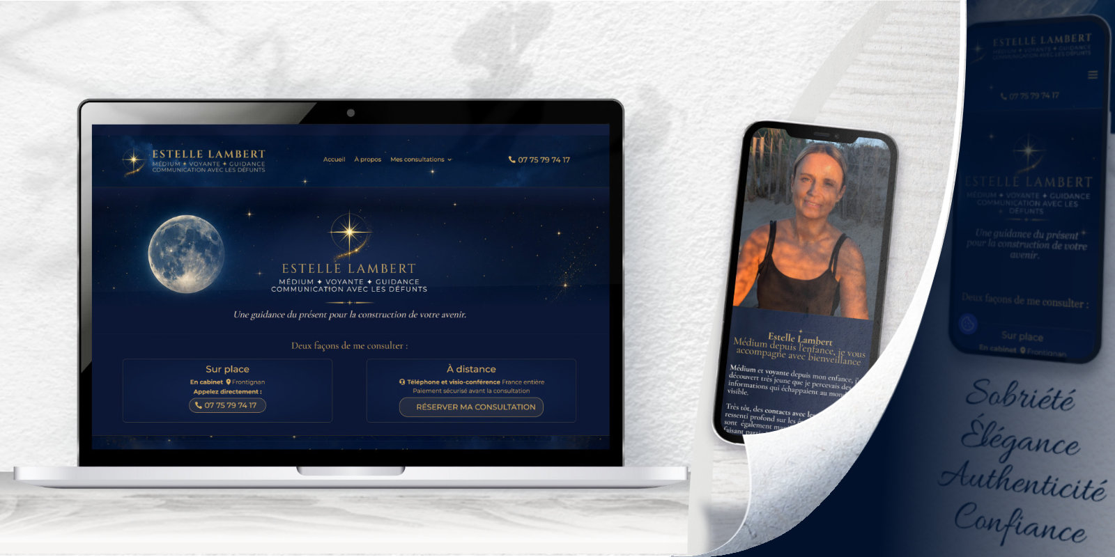 Créer un site internet qui apporte des clients Apperçu d'un visuel, d'étude de cas ppur un site internet de voyante, médium